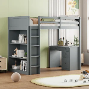 Hoogslaper 90 x 200 cm met bureau, opbergplanken, laden en ladder, MDF-hout, grijs Hoogslaper 90 x 200 cm met bureau, opbergplanken, laden en ladder, MDF-hout, grijs