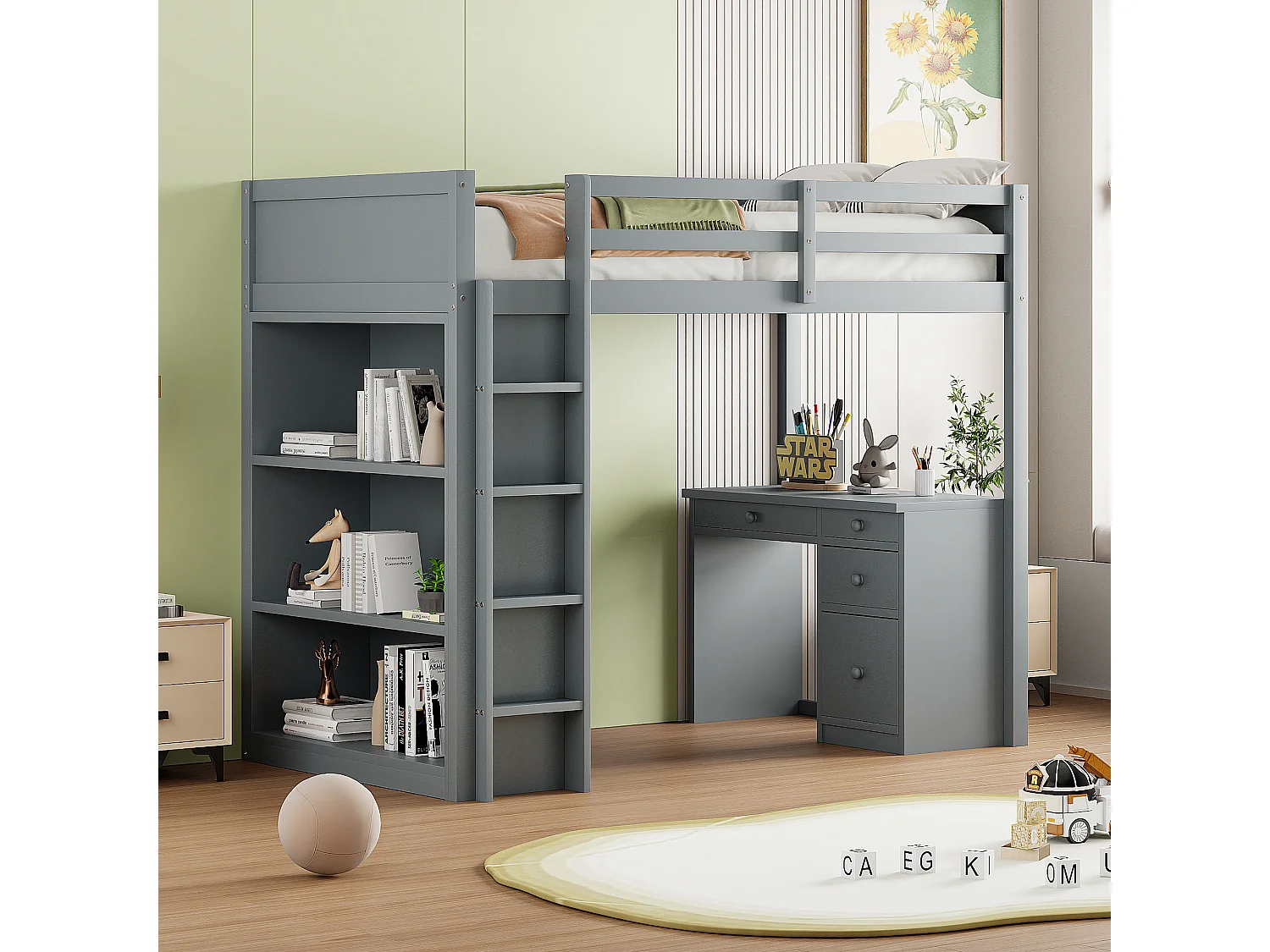 Hoogslaper 90 x 200 cm met bureau, opbergplanken, laden en ladder, MDF-hout, grijs