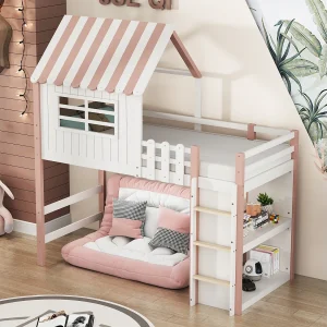 Hoogslaper 90 x 200 cm – cabinebed met ladder – Opbergplank – Massief hout – Roze Hoogslaper 90 x 200 cm – cabinebed met ladder – Opbergplank – Massief hout – Roze