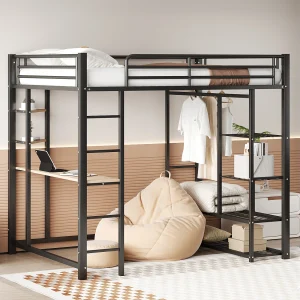 Hoogslaper 140 x 200 cm met bureau en opbergplanken – metaal – lattenbodem – zwart (zonder matras)