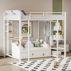 Hoogslaper 90 x 200 cm met bureau en opbergplanken – metaal – lattenbodem – wit (zonder matras)