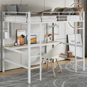 Hoogslaper 90 x 200 cm met bureau en opbergplanken – metaal – lattenbodem – wit