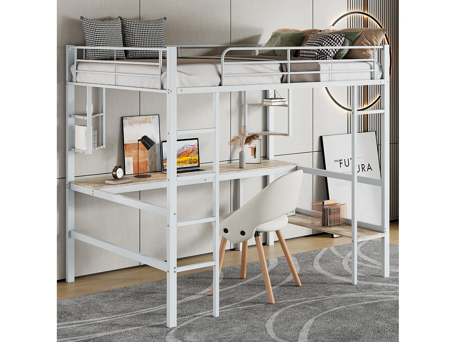 Hoogslaper 90 x 200 cm met bureau en opbergplanken - metaal - lattenbodem - wit
