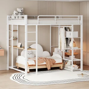 Hoogslaper 140 x 200 cm met bureau en opbergplanken – metaal – lattenbodem – wit (zonder matras)