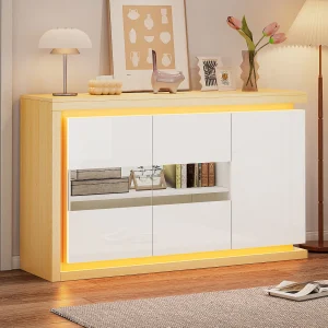 Hoogglans gelakt dressoir voor de woonkamer – 140 x 40 x 84 cm – met LED-verlichting + deuren van gehard glas – spaanplaat – wit Hoogglans gelakt dressoir voor de woonkamer – 140 x 40 x 84 cm – met LED-verlichting + deuren van gehard glas – spaanplaat – wit