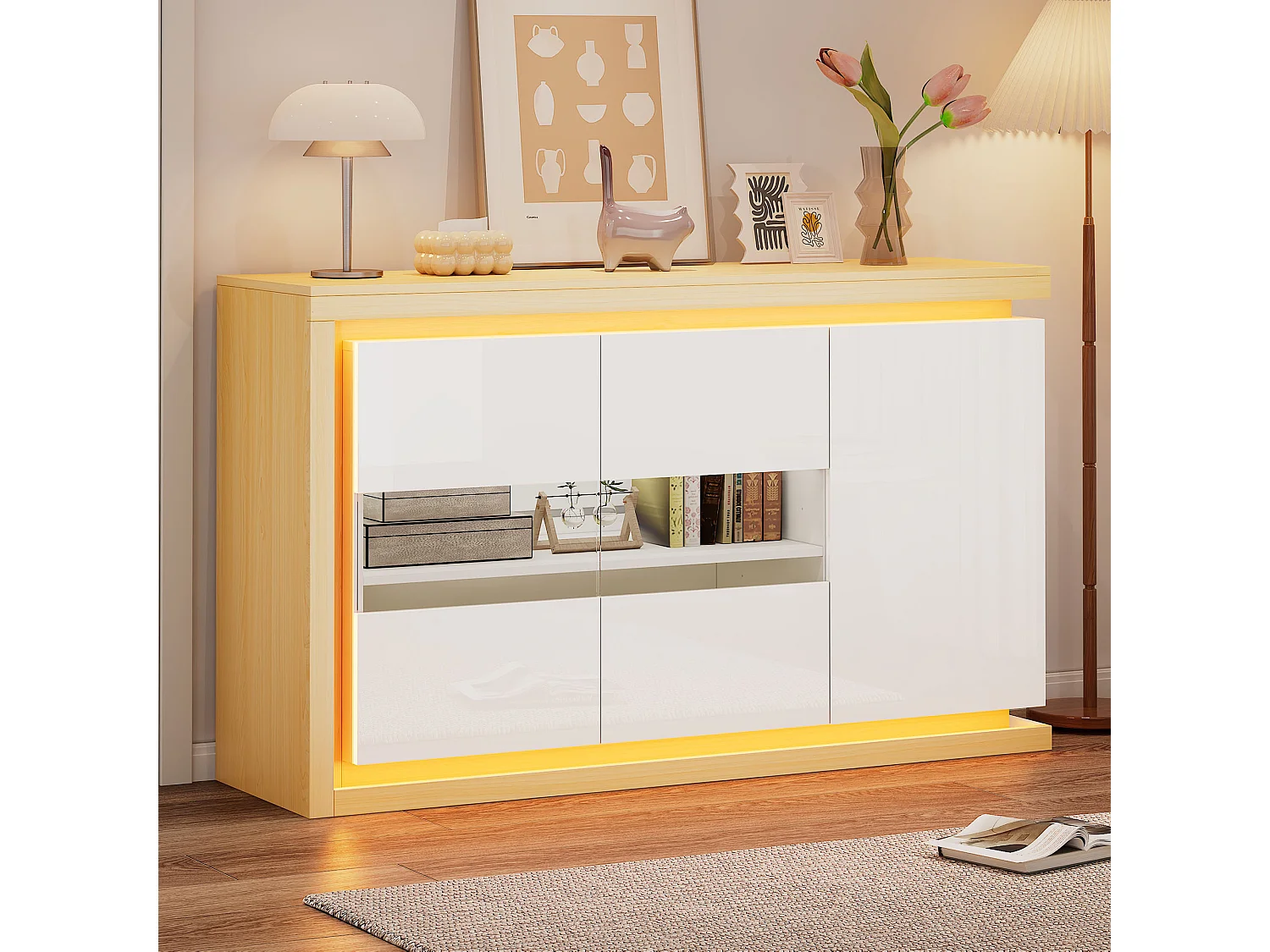 Hoogglans gelakt dressoir voor de woonkamer - 140 x 40 x 84 cm - met LED-verlichting + deuren van gehard glas - spaanplaat - wit