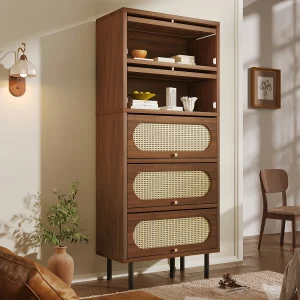 Hoog dressoir van walnoot en rotan – 80 x 40 x 163 cm – met 5 deuren – metalen poten – hout – bruin Hoog dressoir van walnoot en rotan – 80 x 40 x 163 cm – met 5 deuren – metalen poten – hout – bruin