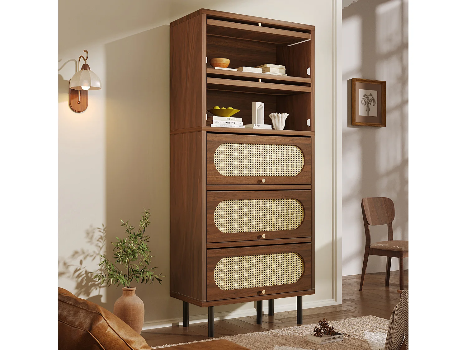 Hoog dressoir van walnoot en rotan - 80 x 40 x 163 cm - met 5 deuren - metalen poten - hout - bruin
