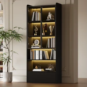 Hoge glazen vitrinekast – 80 x 34 x 180 cm – met 1 lade + glazen deuren + LED-verlichting + open schap – MDF + glas – zwart Hoge glazen vitrinekast – 80 x 34 x 180 cm – met 1 lade + glazen deuren + LED-verlichting + open schap – MDF + glas – zwart