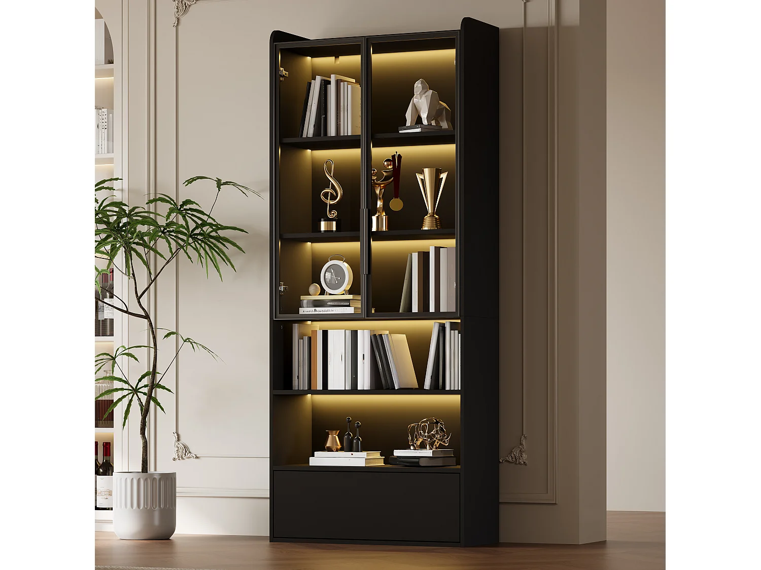 Hoge glazen vitrinekast - 80 x 34 x 180 cm - met 1 lade + glazen deuren + LED-verlichting + open schap - MDF + glas - zwart