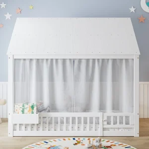 Kajuitbed 140×200 cm met witte gordijnen – Tweepersoonsbed van grenenhout en MDF