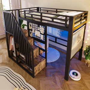 IJzeren hoogslaper – 90 x 200 cm – met opbergladder + kledingkast + ledverlichting – MDF + metaal – zwart IJzeren hoogslaper – 90 x 200 cm – met opbergladder + kledingkast + ledverlichting – MDF + metaal – zwart
