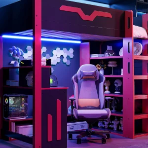 Houten hoogslaper 90 x 200 cm – Met bureau en planken – LED-verlichting en opbergtrap – zwart en rood (zonder matras) Houten hoogslaper 90 x 200 cm – Met bureau en planken – LED-verlichting en opbergtrap – zwart en rood (zonder matras)