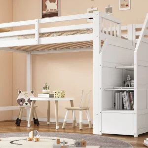 Hoogslaper van hout 90×200 cm – met spijlen en opbergtrap – Wit Hoogslaper van hout 90×200 cm – met spijlen en opbergtrap – Wit