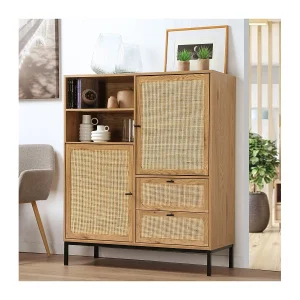 Hoge Buffetkast met Natuurlijke Rotan Fronten – L100 x H120 cm – JAYA