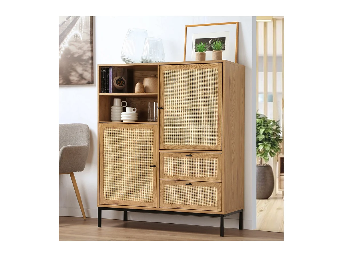 Hoge Buffetkast met Natuurlijke Rotan Fronten - L100 x H120 cm - JAYA