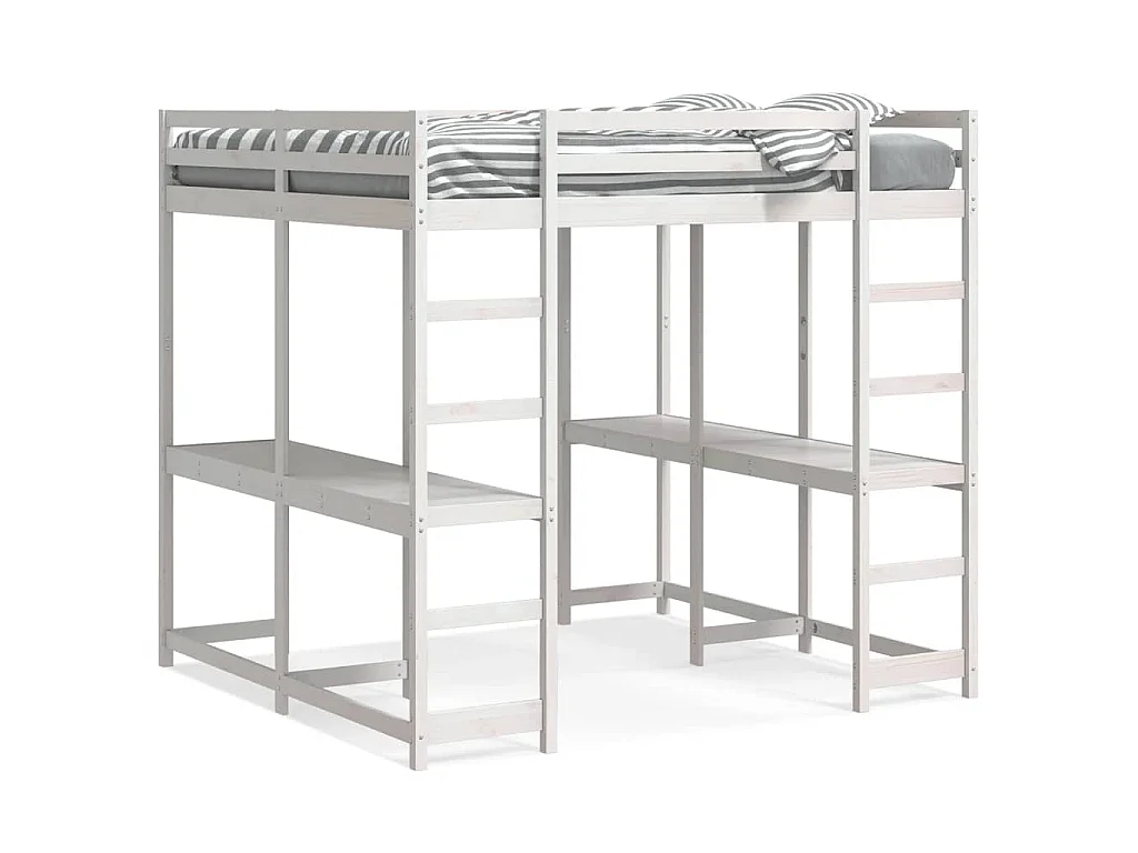 Hoogslaper met bureau en ladder grenenhout wit 140x200 cm