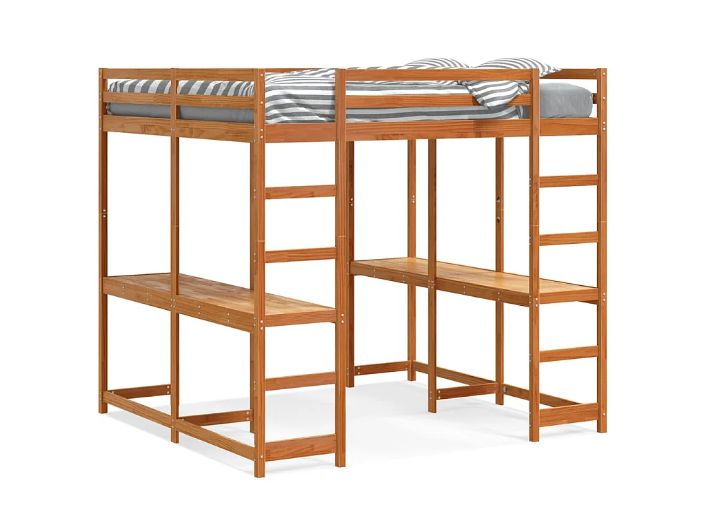 Hoogslaper met bureau en ladder grenenhout wasbruin 160x200 cm