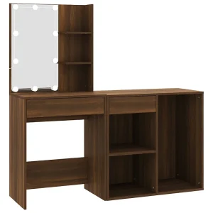Kaptafel met kastjes LED bewerkt hout bruin eikenkleur Kaptafel met kastjes LED bewerkt hout bruin eikenkleur