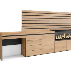 Kaptafel, Make-uptafel, 284x35x145cm, Met lade, Elektrische haard XXL, Ladekast, Commode, Lamellenwand Hout, Eiken Kaptafel, Make-uptafel, 284x35x145cm, Met lade, Elektrische haard XXL, Ladekast, Commode, Lamellenwand Hout, Eiken