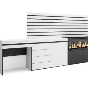 Kaptafel, Make-uptafel, 284x35x145cm, Met lade, Elektrische haard XXL, Ladekast, Commode, Lamellenwand Hout, Wit Kaptafel, Make-uptafel, 284x35x145cm, Met lade, Elektrische haard XXL, Ladekast, Commode, Lamellenwand Hout, Wit