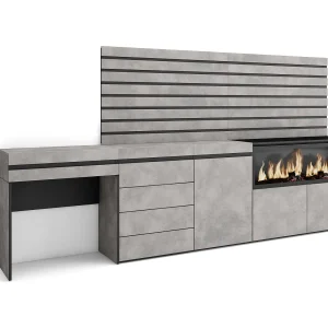 Kaptafel, Make-uptafel, 284x35x145cm, Met lade, Elektrische haard XXL, Ladekast, Commode, Lamellenwand Hout, Cement Kaptafel, Make-uptafel, 284x35x145cm, Met lade, Elektrische haard XXL, Ladekast, Commode, Lamellenwand Hout, Cement
