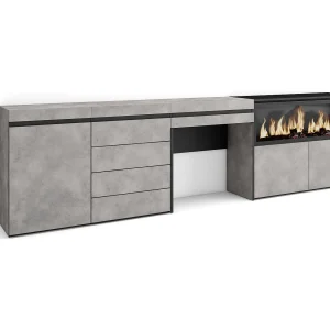 Kaptafel, Make-uptafel, 284x35x75cm, Met lade, Elektrische haard XXL, Ladekast, Commode, Cement Kaptafel, Make-uptafel, 284x35x75cm, Met lade, Elektrische haard XXL, Ladekast, Commode, Cement