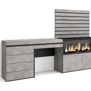 Kaptafel, Make-uptafel, 234x35x145cm, Met lade, Elektrische haard XXL, Ladekast, Commode, Lamellenwand Hout, Cement Kaptafel, Make-uptafel, 234x35x145cm, Met lade, Elektrische haard XXL, Ladekast, Commode, Lamellenwand Hout, Cement