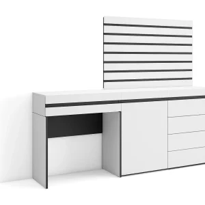 Kaptafel, Make-uptafel, 177x35x145cm, Met lade, Ladekast, Commode, Lamellenwand Hout, Wit Kaptafel, Make-uptafel, 177x35x145cm, Met lade, Ladekast, Commode, Lamellenwand Hout, Wit