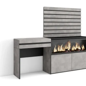 Kaptafel, Make-uptafel, 177x35x145cm, Met lade, Elektrische haard XXL, Lamellenwand Hout, Cement Kaptafel, Make-uptafel, 177x35x145cm, Met lade, Elektrische haard XXL, Lamellenwand Hout, Cement