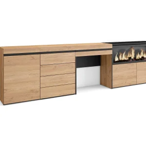 Kaptafel, Make-uptafel, 284x35x75cm, Met lade, Elektrische haard XXL, Ladekast, Commode, Eiken Kaptafel, Make-uptafel, 284x35x75cm, Met lade, Elektrische haard XXL, Ladekast, Commode, Eiken