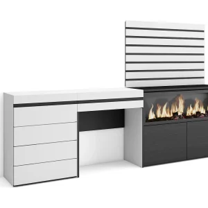 Kaptafel, Make-uptafel, 234x35x145cm, Met lade, Elektrische haard XXL, Ladekast, Commode, Lamellenwand Hout, Wit Kaptafel, Make-uptafel, 234x35x145cm, Met lade, Elektrische haard XXL, Ladekast, Commode, Lamellenwand Hout, Wit