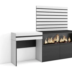 Kaptafel, Make-uptafel, 177x35x145cm, Met lade, Elektrische haard XXL, Lamellenwand Hout, Wit Kaptafel, Make-uptafel, 177x35x145cm, Met lade, Elektrische haard XXL, Lamellenwand Hout, Wit