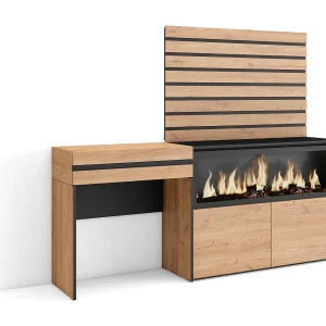 Kaptafel, Make-uptafel, 177x35x145cm, Met lade, Elektrische haard XXL, Lamellenwand Hout, Eiken Kaptafel, Make-uptafel, 177x35x145cm, Met lade, Elektrische haard XXL, Lamellenwand Hout, Eiken