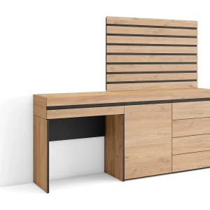 Kaptafel, Make-uptafel, 177x35x145cm, Met lade, Ladekast, Commode, Lamellenwand Hout, Eiken Kaptafel, Make-uptafel, 177x35x145cm, Met lade, Ladekast, Commode, Lamellenwand Hout, Eiken