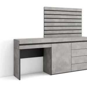 Kaptafel, Make-uptafel, 177x35x145cm, Met lade, Ladekast, Commode, Lamellenwand Hout, Cement Kaptafel, Make-uptafel, 177x35x145cm, Met lade, Ladekast, Commode, Lamellenwand Hout, Cement