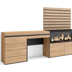 Kaptafel, Make-uptafel, 234x35x145cm, Met lade, Elektrische haard XXL, Ladekast, Commode, Lamellenwand Hout, Eiken Kaptafel, Make-uptafel, 234x35x145cm, Met lade, Elektrische haard XXL, Ladekast, Commode, Lamellenwand Hout, Eiken