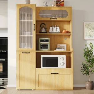 Hoog keukendressoir – 98 x 40 x 177 cm – met verstelbare planken en lades + deuren – MDF – naturel Hoog keukendressoir – 98 x 40 x 177 cm – met verstelbare planken en lades + deuren – MDF – naturel