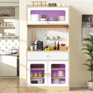 Hoog keukendressoir – 80 x 40 x 180 cm – met planken + lade + glazen deuren + LED-verlichting – MDF – wit + naturel Hoog keukendressoir – 80 x 40 x 180 cm – met planken + lade + glazen deuren + LED-verlichting – MDF – wit + naturel