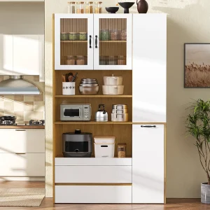 Hoog keukendressoir – 100 x 40 x 200 cm – met verstelbare planken en lades + deuren – MDF – wit + naturel Hoog keukendressoir – 100 x 40 x 200 cm – met verstelbare planken en lades + deuren – MDF – wit + naturel