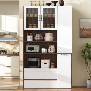 Hoog keukendressoir – 100 x 40 x 200 cm – met verstelbare planken en lades + deuren – MDF – wit + bruin Hoog keukendressoir – 100 x 40 x 200 cm – met verstelbare planken en lades + deuren – MDF – wit + bruin
