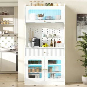 Hoog keukendressoir – 80 x 40 x 180 cm – met planken + lade + glazen deuren + LED-verlichting – MDF – wit Hoog keukendressoir – 80 x 40 x 180 cm – met planken + lade + glazen deuren + LED-verlichting – MDF – wit