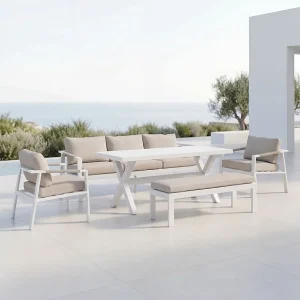 Imola 7-delige witte aluminium en touw tuinset met bank, 2 fauteuils, bank en hoge tafel