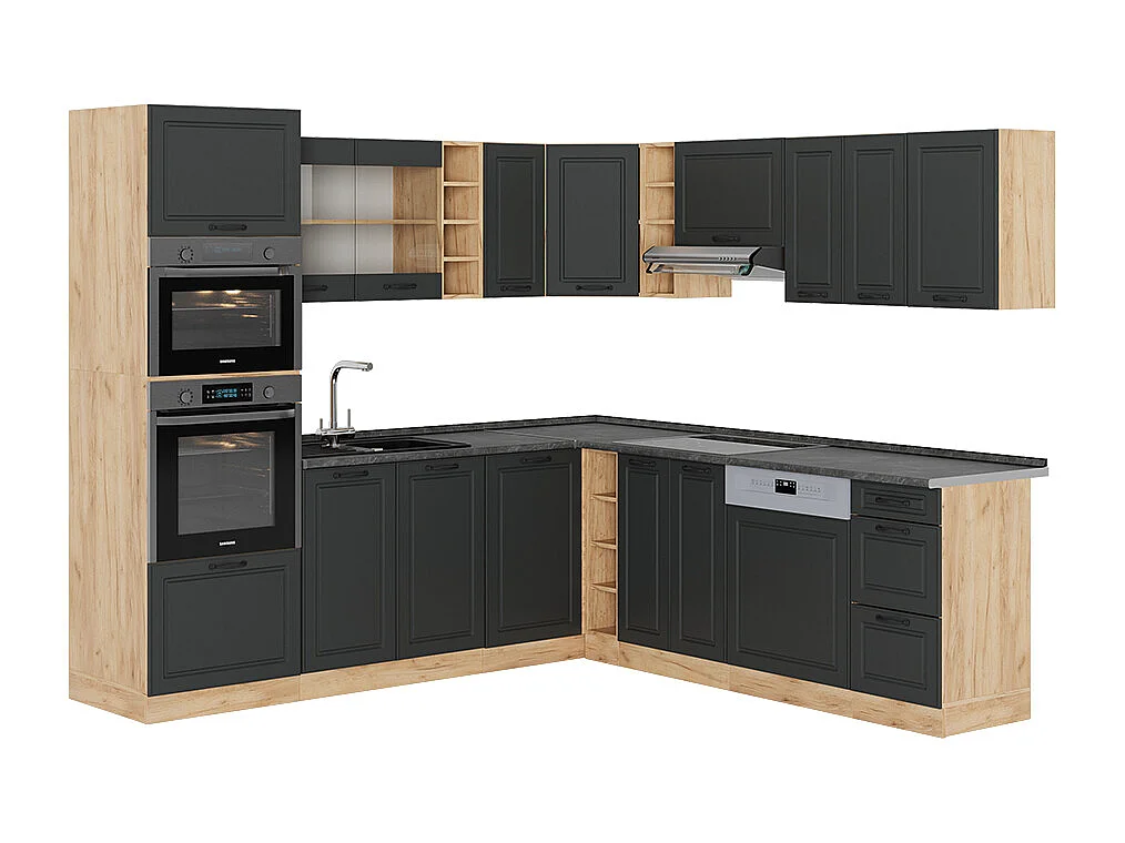 Hoekkeuken antraciet landhuis/gouden eik 247x60x81.6 r-line