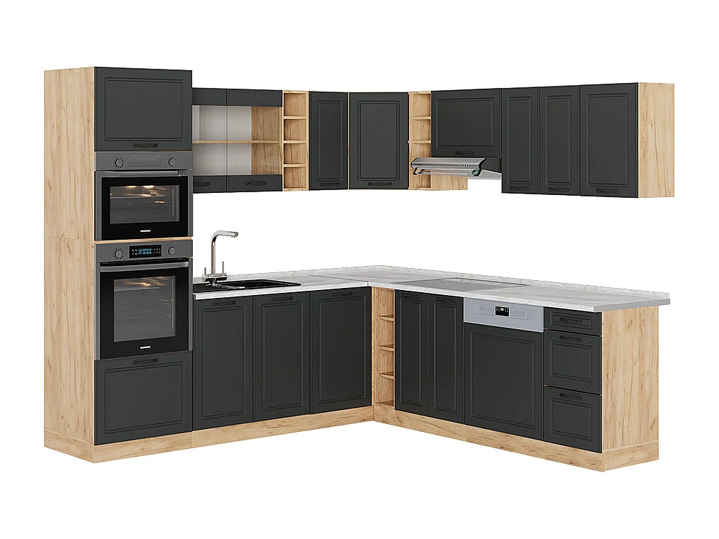 Hoekkeuken antraciet landhuis/gouden eik 247x60x81.6 r-line