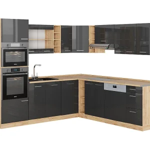 Hoekkeuken antraciet hoogglans/goud eiken 247x46x81.6 r-line Hoekkeuken antraciet hoogglans/goud eiken 247x46x81.6 r-line