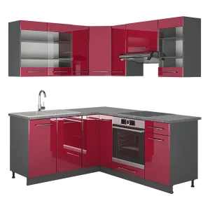 Hoekkeuken bordeaux hoogglans/antraciet 190x46x81.6 fame-line Hoekkeuken bordeaux hoogglans/antraciet 190x46x81.6 fame-line