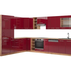 Hoekkeuken bordeaux hoogglans/gouden eik 347x46x81.6 fame-line Hoekkeuken bordeaux hoogglans/gouden eik 347x46x81.6 fame-line