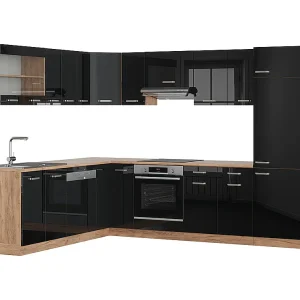 Hoekkeuken eiken hoogglans zwart/goud 287x46x81.6 r-line Hoekkeuken eiken hoogglans zwart/goud 287x46x81.6 r-line