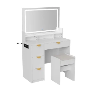 Kaptafel met ledverlichting en stopcontacten, 3 instelbare helderheidskleuren, make-uptafel met 4 lades en 4 open vakken